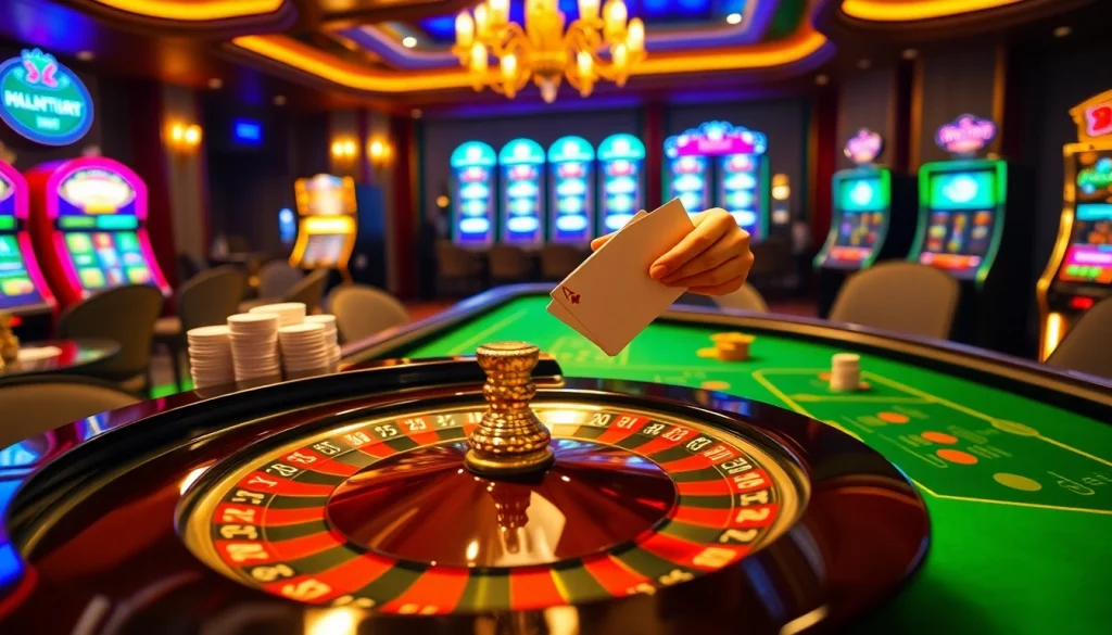 Experience excitement at https://nk88.luxury with a lavish casino scene showcasing roulette and vibrant slot machines.