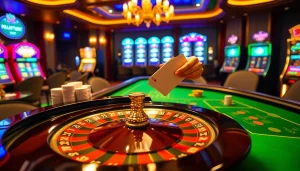 Experience excitement at https://nk88.luxury with a lavish casino scene showcasing roulette and vibrant slot machines.