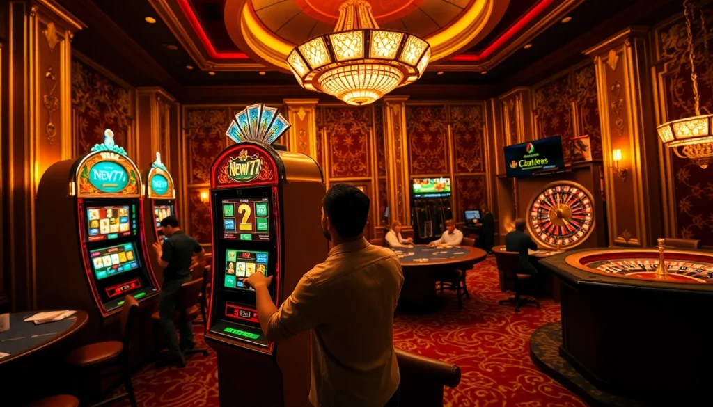 A gambler wins on the new77 slot machine, surrounded by vibrant casino atmosphere and game excitement.