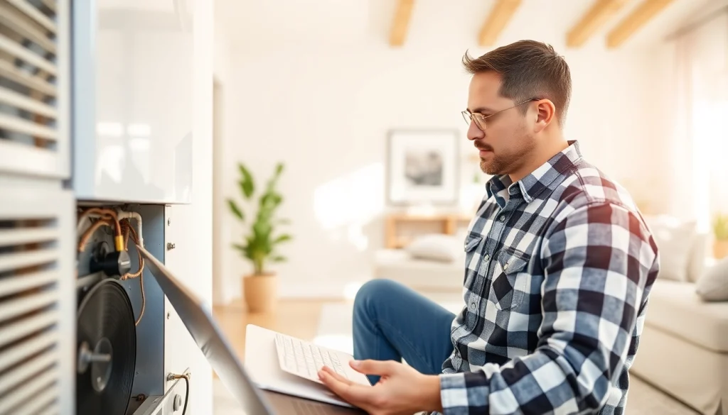 HVAC dealers inspecting heating equipment in a bright, modern home setting.