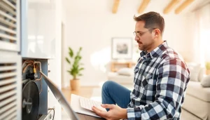 HVAC dealers inspecting heating equipment in a bright, modern home setting.