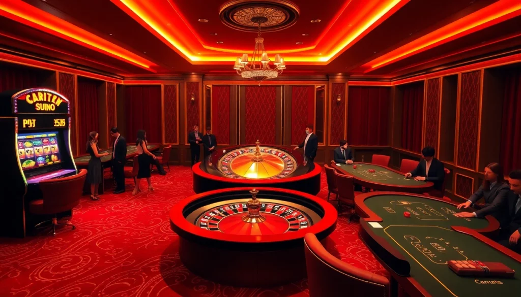 Joueurs de casino en ligne s'engageant à des tables luxueuses dans une salle de jeu élégante.