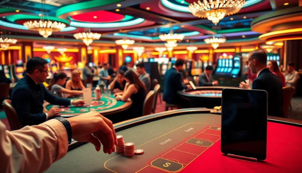 Exciting casino atmosphere at s8 com featuring players engaged at various gaming tables.