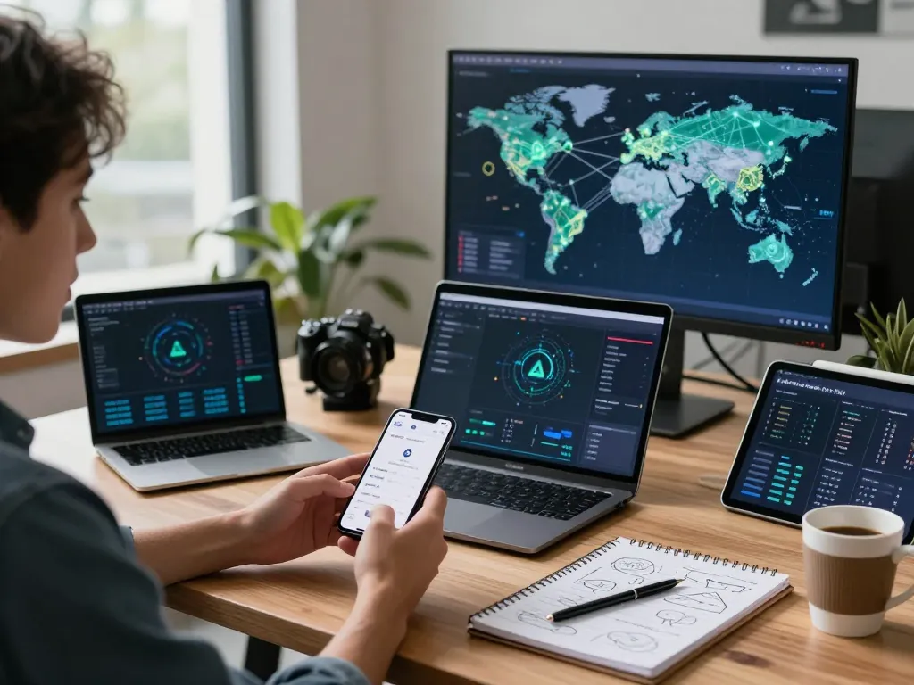 在现代办公桌上使用快连应用程序接口的智能手机，配备分析工具，创造出充满活力的科技工作空间。