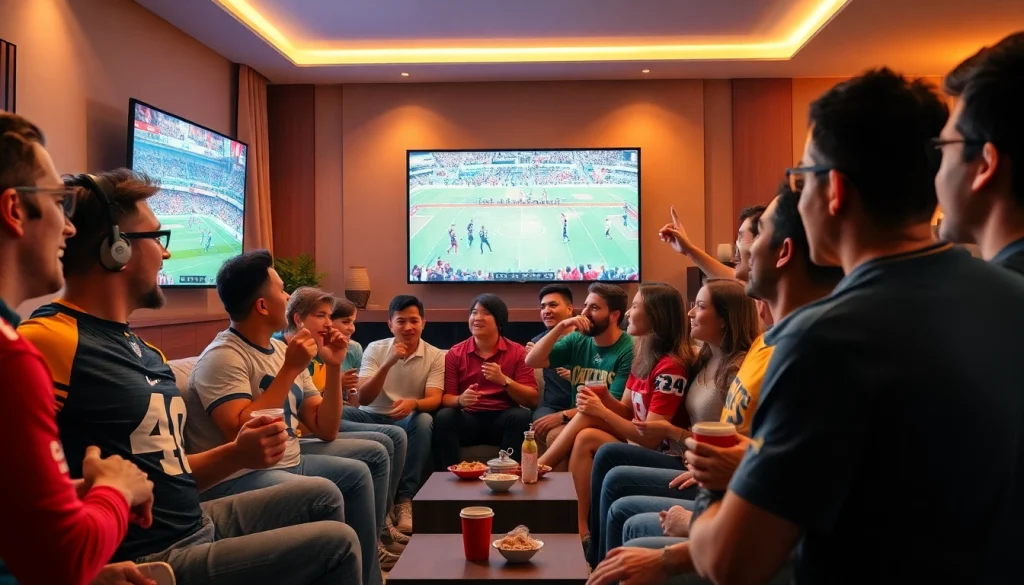 Excited sports fans enjoying a high-definition 토토티비 broadcast in a lively living room setting.
