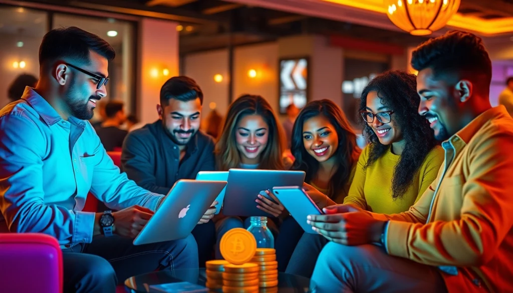 Presale event showcasing diverse people analyzing cryptocurrency and ticketing opportunities, conveying excitement and innovation.