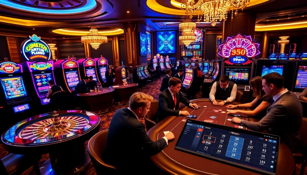 Players engaging in high-stakes poker at 98win casino, surrounded by vibrant gaming elements.