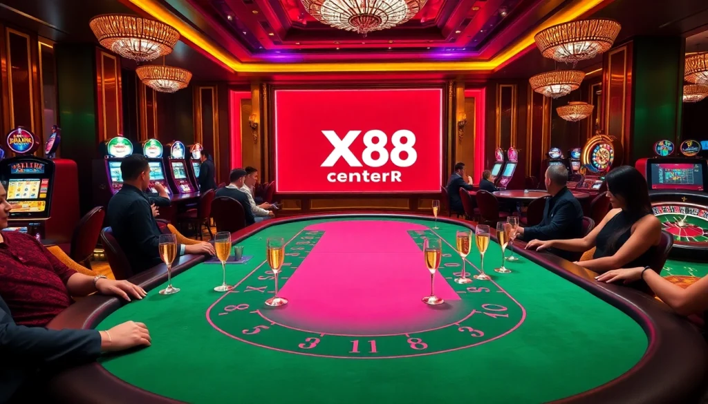 Experience the thrilling gameplay at XX88 center's luxurious casino atmosphere with baccarat, poker, and slots.