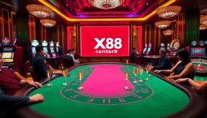 Experience the thrilling gameplay at XX88 center's luxurious casino atmosphere with baccarat, poker, and slots.