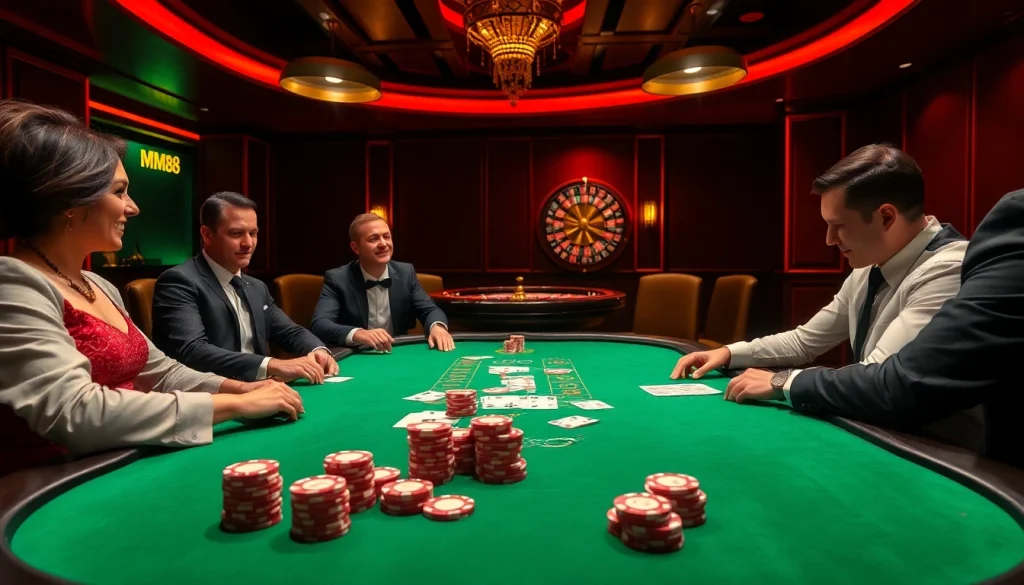 High-stakes poker action at MM88 casino table with dramatic lighting and vibrant colors.