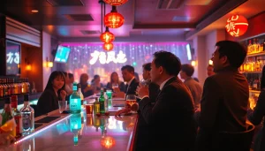 활기찬 바에서 노래방과 칵테일을 즐기고 있는 손님들이 있는 동적인 제주도유흥 장면.