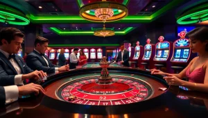 Pemain bertaruh di meja kasino taruhan tinggi yang terinspirasi oleh jmacdonaldphoto.com, dengan roulette berwarna-warni dan suasana yang hidup.