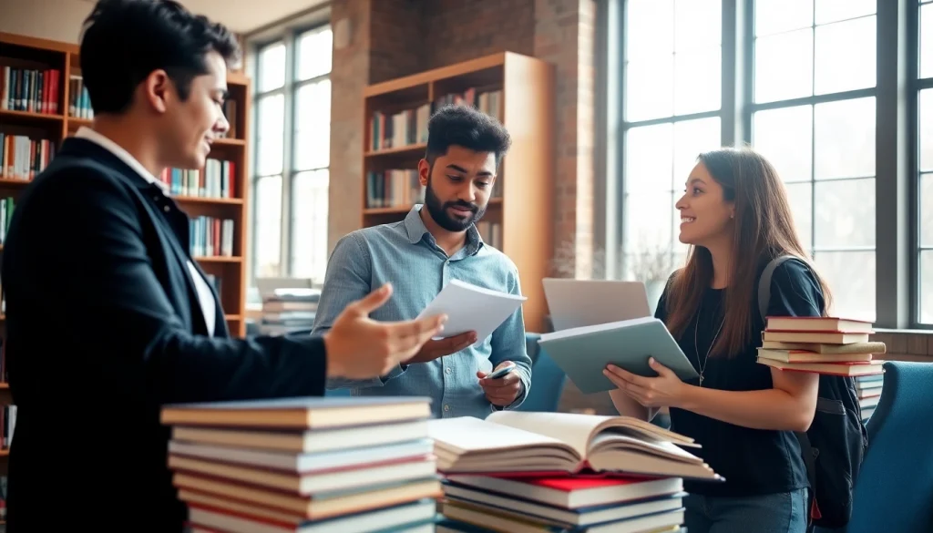 Students collaborating on exam assistance in a bright library environment.