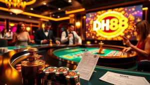 DH88 logo shines in a luxurious casino scene with vibrant roulette table and excited players.