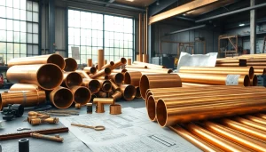 Teava bronz într-un spațiu profesional, prezentând diverse dimensiuni de tuburi de bronz și unelte de fabricație.