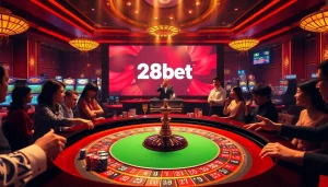 Players celebrating a winning bet at the luxurious casino representing https://28bet.run/ with poker chips and roulette.