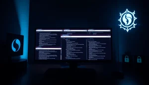 Explore the hidden wiki 1 with a digital artwork representing dark web elements and security symbols.