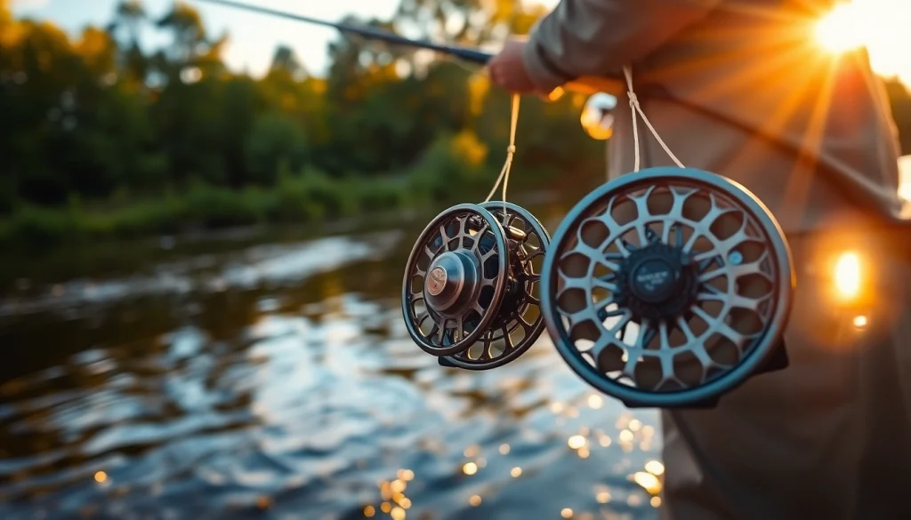 Catch the best fly fishing reels in action during sunset by the river.
