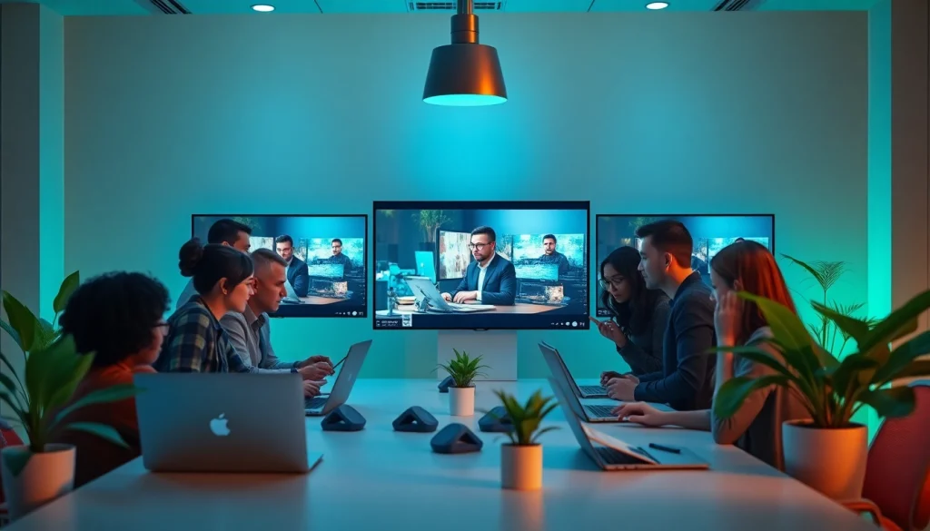 Video to prompt technology in a modern workspace with diverse professionals analyzing video clips.