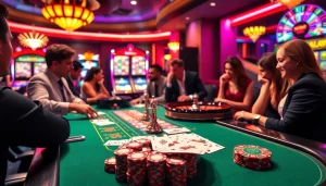 Joueurs en train de stratégiquer dans un environnement de casino en ligne luxueux avec des jetons de poker et des cartes.