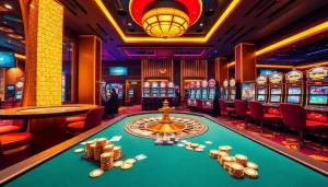 U888 online casino featuring vibrant slots, poker table, and roulette wheel in a luxurious setting.