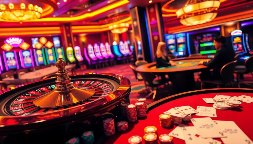 Experience the vibrant gaming atmosphere of https://gg88.gold/ as players engage with roulette wheels and poker tables.