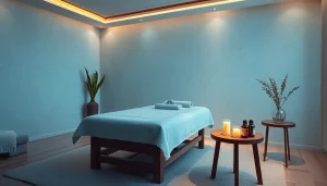 마사지 테이블, 촛불 및 차분한 색조가 있는 편안한 파주마사지 스파 장면.