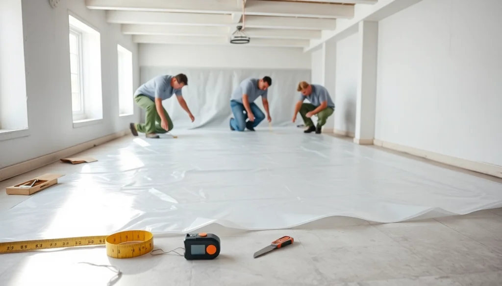 Vapor Barrier Installation process in a basement with detailed tools and materials.