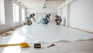 Vapor Barrier Installation process in a basement with detailed tools and materials.