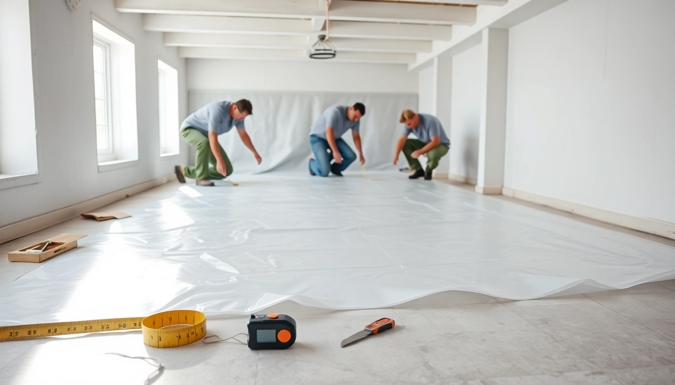 Vapor Barrier Installation process in a basement with detailed tools and materials.