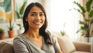 Anxiety symptoms relief illustrated through a serene woman in a calming therapy setting.