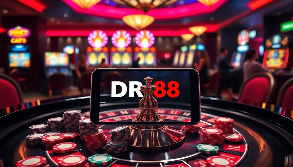 Engaging casino scene with the DR88 app displayed prominently amidst roulette and slot machines.