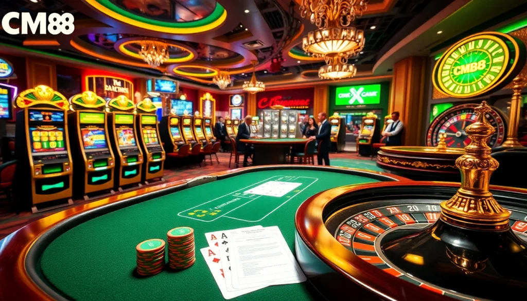 CM88 online gambling interface showcasing vibrant casino action with poker chips and slot machines.