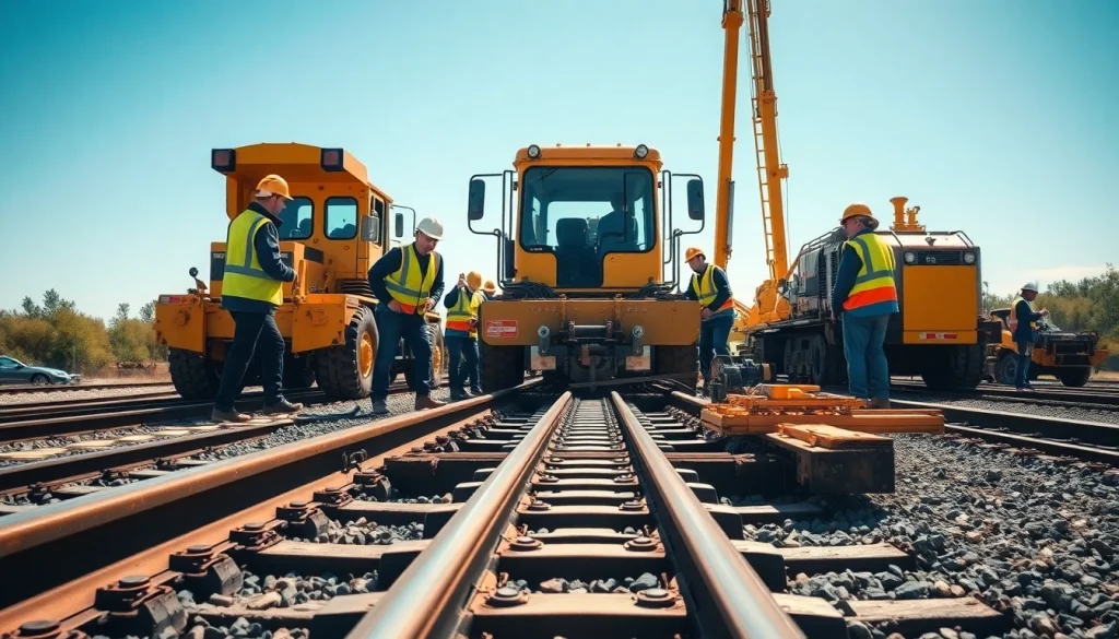 Workers repairing railway tracks in derailment repairs with heavy machinery, showcasing teamwork.