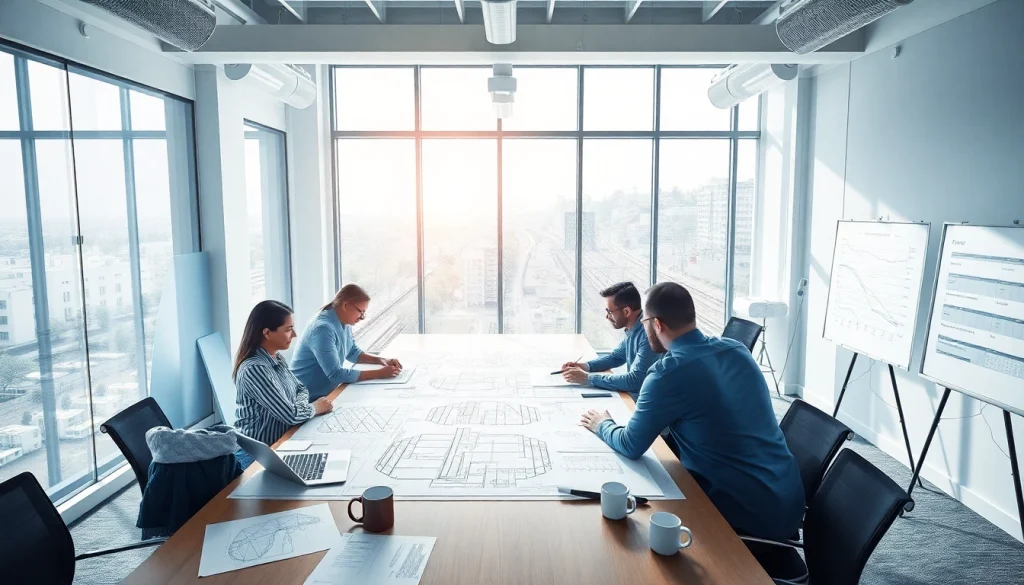 Railroad Design Consultants analyzing blueprints in a collaborative office environment.