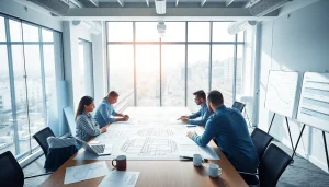 Railroad Design Consultants analyzing blueprints in a collaborative office environment.