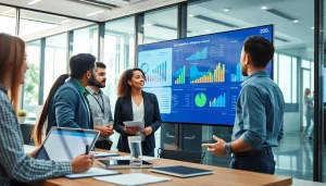 B2B competitive intelligence team analyzing data in a modern office setting.