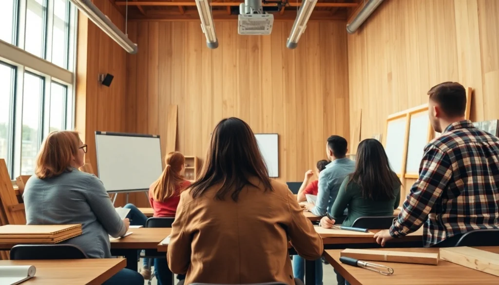 Engaged students focus on construction education in a well-lit classroom.