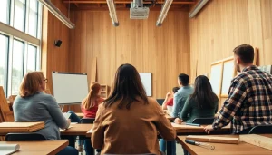 Engaged students focus on construction education in a well-lit classroom.