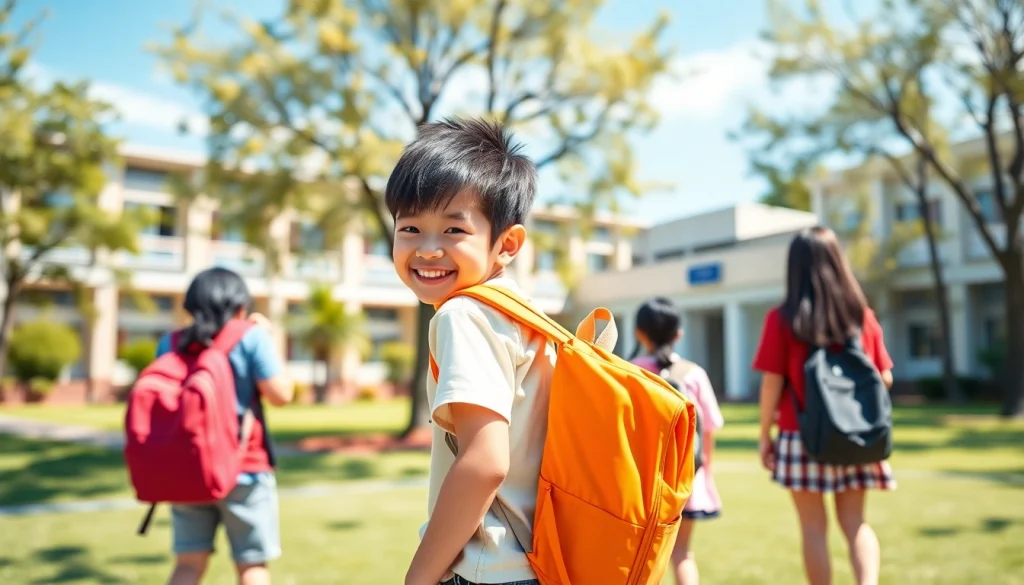 活気ある校庭で笑顔の子どもに表示されている池田屋ランドセル口コミ