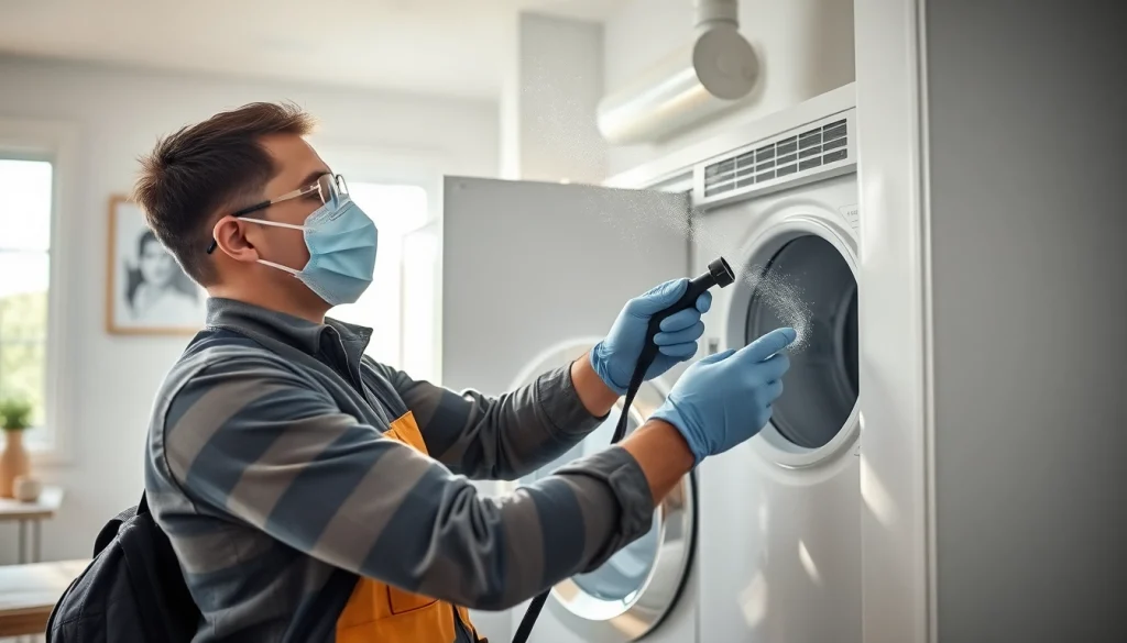 Expert Dryer Vent Cleaning by a certified technician in a bright home environment.