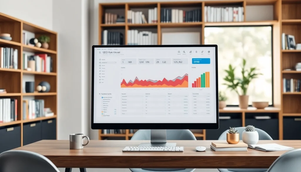 Analyze performance with the SEO Rank Tracker displayed on a modern office screen.