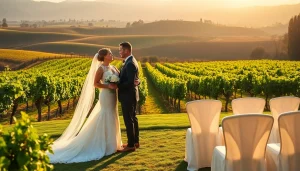 Captivating view of Clarksburg wedding venues featuring a couple amidst scenic vineyard setting.