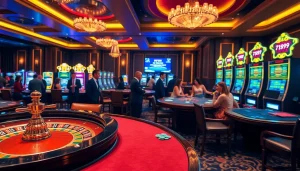 Excitement of online gambling at trang chủ 789bet featuring poker tables, roulette wheel, and vibrant slot machines.