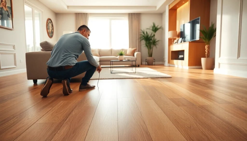 Install vinyl flooring in a modern living room featuring warm tones and elegant decor.