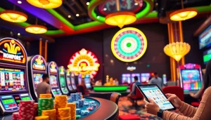 Experience the excitement of MM 88 with vibrant online gambling visuals showcasing gaming interfaces, cards, and slot machines.