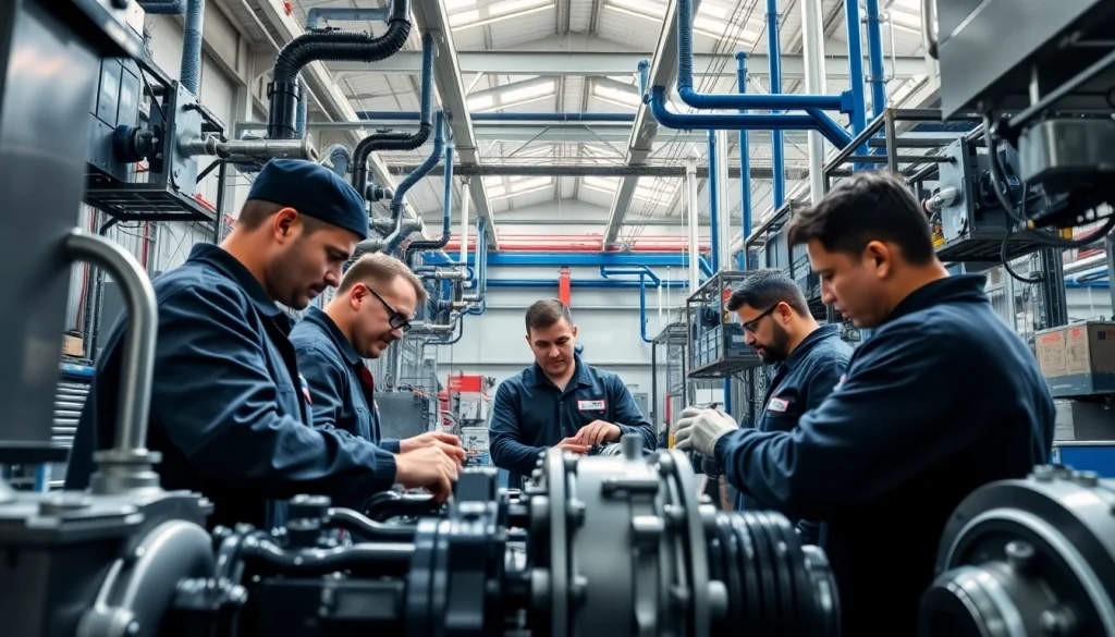 Technicians providing hydraulic pump services in a bright workshop with high-quality equipment.