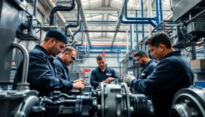 Technicians providing hydraulic pump services in a bright workshop with high-quality equipment.