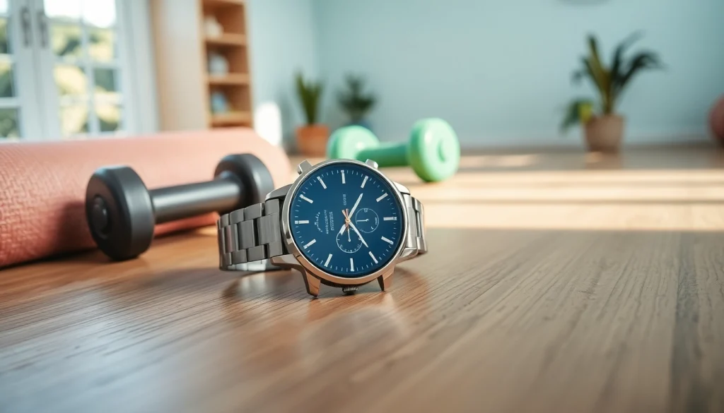 Showcase the Finesse Smart Watch on a natural wooden table with fitness accessories.