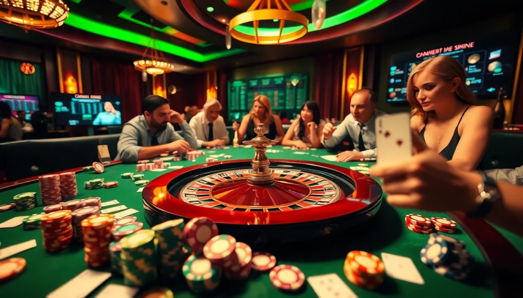 Engage with the excitement of gambling at dafar aresgacor with vibrant gaming tables and players at a casino scene.